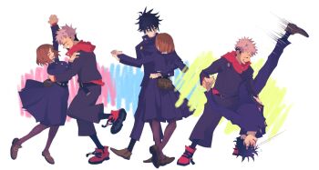 1girl 2boys bisexual_male black_hair black_jacket black_pants black_pantyhose black_skirt blush bob_cut brown_hair button closed_eyes dancing facial_mark fushiguro_megumi gakuran grin highres holding_hands hood hood_down hoodie itadori_yuuji jacket jujutsu_kaisen kugisaki_nobara light_blush long_sleeves multiple_boys omoshiroi pants pantyhose pink_hair red_hoodie school_uniform shoes short_hair skirt three-quarter_sleeves smile sneakers spiked_hair teeth undercut