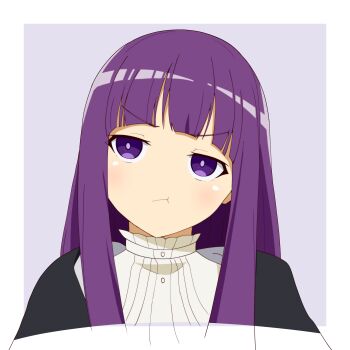 Rule 34 | 1girl, absurdres, blunt bangs, blush, border, bright pupils, closed mouth, commentary request, fern (sousou no frieren), grey background, highres, mitos andersen, pout, purple eyes, purple hair, shirt, solo, sousou no frieren, white border, white shirt