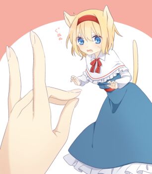Rule 34 | 1girl, 1other, alice margatroid, alternate size, animal ears, blonde hair, blue dress, bow, bowtie, capelet, cat ears, cat girl, cat tail, commentary request, dress, fox shadow puppet, frilled dress, frills, hairband, kemonomimi mode, long sleeves, medium hair, mini person, minigirl, open mouth, red bow, red bowtie, red hairband, tail, tail raised, touhou, translation request, tsuno no hito, white capelet