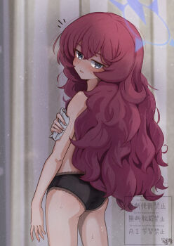 1girl ass black_panties blue_archive blue_halo blush crossed_bangs dot_nose fingernails from_behind grey_eyes hair_between_eyes halo hand_up holding holding_towel iroha_(blue_archive) kasago_(wnfj2383) loli long_hair looking_at_viewer looking_back open_mouth panties red_hair solo standing sweat thighs topless_female towel underwear underwear_only very_long_hair wavy_hair wiping wiping_sweat