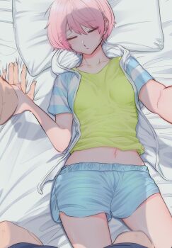 1girl 1other absurdres bed_sheet blue_pajamas blue_shorts camisole closed_eyes closed_mouth collarbone commentary_request dosanko_gal_wa_namaramenkoi from_above green_camisole highres holding_another&#039;s_wrist ikada_kai leg_between_thighs lying natsukawa_rena navel on_back pajamas pillow pink_hair pov pov_hands reaching reaching_towards_viewer short_hair shorts solo solo_focus striped_clothes striped_pajamas