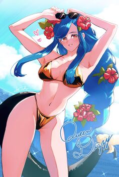 1girl adjusting_eyewear armpits arms_up artist_name bikini blue_hair blue_sky blush braid braided_ponytail breasts character_name cleavage cloud cloudy_sky collarbone commentary_request dizzy_(guilty_gear) eyewear_on_head flower gold_bikini golden_week guilty_gear guilty_gear_strive hair_flower hair_ornament highres kanea_(nikoinoillust) long_hair looking_at_viewer low-tied_long_hair mature_female navel ocean parted_lips partially_shaded_face queen_dizzy red_eyes ribbon sidelocks skindentation sky solo sparkle sunglasses sunlight swept_bangs swimsuit tail tail_ornament tail_ribbon thick_thighs thighs yellow_ribbon