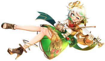 1girl absurdres aqua_eyes ascot blush bow_(music) brown_sandals cecilia_immergreen cecilia_immergreen_(1st_costume) commentary_request ddolbang detached_sleeves doll_joints eyelashes full_body green_hair green_skirt highres holding holding_bow_(music) holding_instrument holding_violin hololive hololive_english instrument joints lower_teeth_only multicolored_hair music one_eye_closed open_mouth playing_instrument red_ascot sandals short_hair skirt smile solo teeth transparent_background two-tone_hair violin virtual_youtuber white_hair winding_key