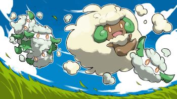 :d blacknirrow blue_sky bright_pupils cloud commentary cottonee curled_horns dark_skin gen_5_pokemon grass highres horns jumping leaf nintendo no_humans open_mouth orange_eyes outdoors pokemon pokemon_(creature) sky smile whimsicott white_pupils