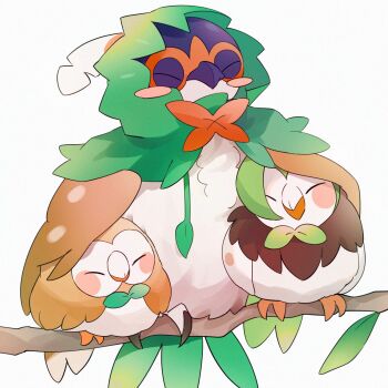 3others :&gt; bird blush blush_stickers bow bowtie branch cape closed_eyes commentary dartrix decidueye english_commentary evolutionary_line feathers gen_7_pokemon green_bow green_bowtie green_cape highres hood hood_up hooded_cape leaf multiple_others nintendo no_humans owl pokemon pokemon_(creature) rowlet simple_background sitting takumi_mizuki white_background