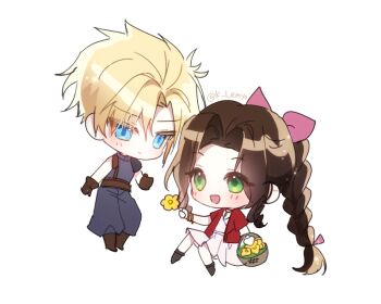 1boy 1girl aerith_gainsborough armor bangle basket belt black_boots blonde_hair blue_eyes blue_pants blue_shirt boots bracelet braid braided_ponytail brown_belt brown_boots brown_gloves brown_hair chibi chibi_only choker cloud_strife dress final_fantasy final_fantasy_vii final_fantasy_vii_remake flower flower_basket gloves green_eyes hair_between_eyes hair_ribbon holding holding_basket holding_flower jacket jewelry light_blush long_dress long_hair looking_at_another neveromance open_mouth pants parted_bangs pauldrons pink_dress pink_ribbon red_jacket ribbon shirt short_hair shoulder_armor sidelocks single_bare_shoulder single_braid single_pauldron sitting smile suspenders twitter_username white_background yellow_flower