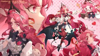 Rule 34 | ?, absurdres, arknights, black gloves, cake, cake slice, carousel, chibi, chinese commentary, chinese text, commentary request, diamond-shaped pupils, diamond (shape), dress, english text, food, frills, from side, full body, gloves, hair ribbon, hand on own face, hand up, heart, heart tail, highres, holding, holding plate, lingyu ovo, long hair, long sleeves, looking at viewer, looking back, multiple views, nymph (arknights), nymph (sweetness to the heart) (arknights), open mouth, pantyhose, pink eyes, pink hair, pink pantyhose, plate, pointy ears, portrait, puffy long sleeves, puffy sleeves, red pantyhose, red tail, ribbon, semi-rimless eyewear, smile, spoon, standing, standing on one leg, symbol-shaped pupils, tail, upper body, white dress