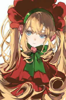 Rule 34 | 1girl, absurdres, blonde hair, blue eyes, blunt bangs, bow, bowtie, closed mouth, dress, hashtag-only commentary, hat, highres, red dress, red hat, rozen maiden, shinku, shru (ss sl99), sidelocks, simple background, solo, twintails, white background