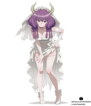 1girl alternate_costume anime_coloring aura_(sousou_no_frieren) blue_eyes braid breasts bridal_veil bride cleavage closed_eyes clothes_lift collarbone commentary_request demon_girl demon_horns downblouse dress dress_lift full_body hand_on_own_thigh high_heels highres horns houlestia leaning_forward lifting_own_clothes long_hair looking_at_viewer low-braided_long_hair low-tied_long_hair medium_breasts patreon_username purple_hair quad_braids shoes simple_background solo sousou_no_frieren standing stitched_arm stitched_leg stitches strapless strapless_dress thighs torn_clothes torn_dress twitter_username veil wedding_dress white_background white_shoes