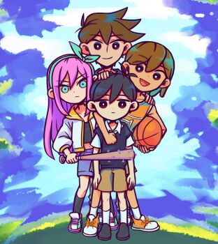 1girl 3boys antenna_hair arm_around_neck aubrey_(faraway)_(omori) aubrey_(omori) ball baseball_bat basketball_(object) black_eyes black_hair black_shoes black_socks black_sweater_vest blue_eyes blue_hairband blue_skirt blue_sky bright_pupils brothers brown_shorts closed_mouth cloud collarbone collared_shirt crop_top dark-skinned_male dark_skin day denim denim_skirt double-parted_bangs hair_between_eyes hairband hand_on_another&#039;s_head hero_(faraway)_(omori) hero_(omori) highres holding holding_ball holding_baseball_bat jacket kel_(faraway)_(omori) kel_(omori) laser-lance long_hair long_sleeves looking_at_viewer multiple_boys nail_(hardware) nail_bat navel omori open_mouth orange_shoes orange_shorts outdoors pink_hair shirt shoes short_hair short_sleeves shorts siblings skirt sky smile sneakers socks sunny_(omori) sweater_vest white_jacket white_pupils white_shirt white_socks