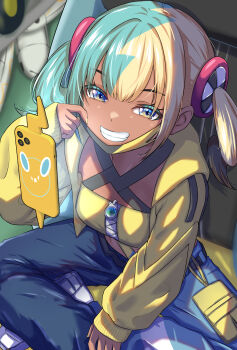 1girl bandeau belt black_belt blonde_hair blue_eyes canari_(pokemon) commentary gen_4_pokemon hand_up highres hood hood_down hooded_jacket jacket long_sleeves mask mask_pull mouth_mask multicolored_hair nail_polish navi-loxia nintendo open_clothes open_jacket pants pokemon pokemon_legends:_z-a rotom rotom_phone shoes short_twintails sitting sleeves_past_wrists spread_legs twintails two-tone_pants yellow_bandeau yellow_jacket yellow_nails zipper zipper_pull_tab
