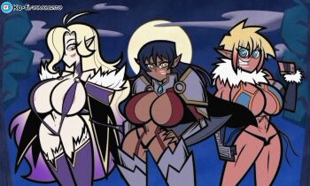3girls absurdres aqua_eyes armor bikini_armor blonde_hair breasts cape cartoonized cleavage cleavage_cutout clothing_cutout covered_erect_nipples dark-skinned_female dark_skin delva_celebrian elda_ballad elf fur_trim gloves gradient_hair hair_over_one_eye hand_on_own_hip highres huge_breasts joseph_brito large_breasts long_hair looking_at_viewer misery_stentrem multicolored_hair multiple_girls navel parody parted_lips pointy_ears purple_hair red_eyes revealing_clothes short_hair slingshot_swimsuit smile style_parody swimsuit thighhighs toon_(style) yellow_eyes youkoso!_sukebe_elf_no_mori_e