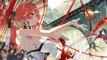 1girl bare_shoulders braid breasts changli_(wuthering_waves) colored_extremities commentary dress english_commentary feather_hair from_side hair_extensions hair_ornament hand_up highres holding holding_umbrella large_breasts large_ribbon looking_up no_jacket oil-paper_umbrella outdoors parted_lips pink_hair ponytail rain red_hands ring_hair_extensions scottie_(phantom2) solo twin_braids umbrella wet white_dress wuthering_waves yellow_eyes