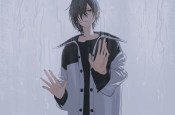 1boy against_fourth_wall against_glass aqua_eyes bags_under_eyes black_hair black_jacket black_shirt buttons collarbone condensation earrings expressionless glass hair_over_one_eye hand_on_glass highres hoop_earrings indigo_(indigo_aoi) jacket jewelry long_sleeves looking_at_viewer male_focus mayuzumi_kai mayuzumi_kai_(1st_costume) multicolored_jacket multiple_earrings nijisanji one_eye_covered open_clothes open_jacket parted_lips protected_link rain shirt solo two-tone_jacket upper_body virtual_youtuber water_drop wet_lens white_jacket