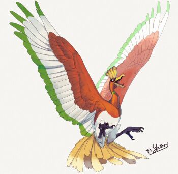 animal_focus beak bird gen_2_pokemon highres hisaki_yatori ho-oh legendary_pokemon nintendo no_humans open_mouth pokemon pokemon_(creature) pokemon_focus red_eyes simple_background solo talons tongue wings