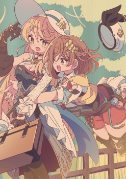 2girls atelier_(series) atelier_ryza atelier_ryza_3 belt black_pantyhose blonde_hair blush boots braid braided_bangs brown_boots brown_eyes brown_gloves brown_hair brown_thighhighs commentary_request dress flask gloves green_eyes half_gloves hat honkawa_works hug hug_from_behind jacket jewelry klaudia_valentz long_hair multiple_girls necklace one_eye_closed pantyhose pleated_dress red_shorts reisalin_stout short_shorts shorts single_glove star_(symbol) star_necklace suitcase thighhighs very_long_hair white_hat yellow_jacket yuri