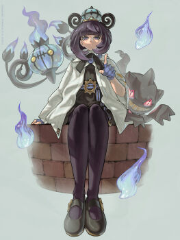 1girl absurdres banette belt black_dress black_hair black_pantyhose blue_fire blue_gloves blunt_bangs bob_cut brick_wall chandelier chandelure closed_mouth coat colored_sclera commentary_request dress fire gen_3_pokemon gen_5_pokemon ghost gloves gradient_hair gwynn_(pokemon) hat highres long_sleeves looking_at_viewer mega_stone multicolored_hair mumumi nintendo o-ring o-ring_belt open_clothes open_coat open_mouth pantyhose partially_fingerless_gloves pokemon pokemon_(creature) pokemon_legends:_z-a purple_eyes purple_fire purple_hair red_sclera shoes short_hair sitting smile teeth white_coat yellow_eyes zipper zipper_pull_tab