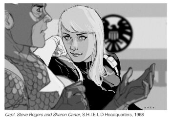 1boy 1girl armor artist_name avengers_(series) black_bodysuit blurry blurry_background bodysuit captain_america caption english_text eyelashes faux_retro_artstyle flag gloves greyscale marvel monochrome retro_artstyle sharon_carter signature smile spandex star_(symbol) steve_rogers striped_bodysuit superhero_costume white_gloves