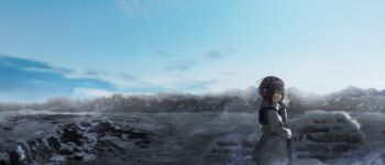 1girl absurdres backlighting blurry blush breath brown_hair cold commentary depth_of_field dress earmuffs female_focus field green_eyes gun highres hill lens_flare looking_at_viewer looking_back military morning oota_youjo open_mouth original rifle russia sailor_collar sailor_dress scarf scenery scope short_hair sky sniper sniper_rifle snow solo sunlight weapon winter