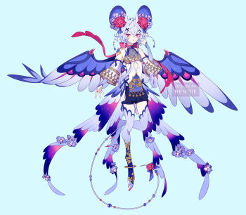 1girl :o animal_ears bare_shoulders blue_background blue_hair chinese_zodiac detached_sleeves fingernails flat_chest flower full_body gold gradient_wings hair_ornament harpy hen-tie monster_girl mouse_ears mouse_girl multicolored_wings original pearl pink_eyes rose sharp_fingernails sharp_toenails tail toenails wings x_hair_ornament zodiac