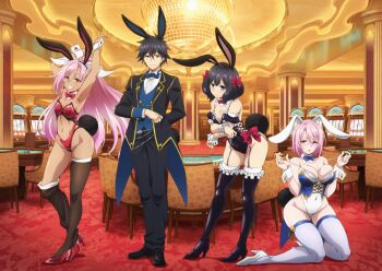 1boy 3girls absurdres animal_ears armpits arms_up artist_request asymmetrical_legwear black_hair black_leotard black_shoes black_thighhighs blue_eyes breasts bunny_day casino chain dark-skinned_female dark_skin formal_clothes frills gold_trim high_heels highres jewelry kneeling krai_andrey large_breasts leotard liz_smart multiple_girls nageki_no_bourei_wa_intaishitai official_art pink_hair playboy_bunny pulling_own_clothes rabbit_ears rabbit_tail red_eyes red_shoes ring shoes sitri_smart suit tail thighhighs tino_shade white_leotard white_shoes white_thighhighs wrist_cuffs