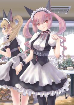 2boys 2girls akiha_rumiho animal_ear_hairband animal_ears bare_legs belt_around_waist belt_buckle blonde_hair blue_eyes buckle cat_ears commentary_request drill_hair fake_animal_ears frills hairband hashida_itaru long_hair looking_at_viewer looking_to_the_side maid maid_headdress masuchi mayqueen_maid_uniform mayqueen_nyan_nyan multiple_boys multiple_girls okabe_rintarou pantyhose paw_pose pink_eyes pink_hair puffy_short_sleeves puffy_sleeves science_adventure shiina_mayuri short_sleeves smile steins;gate tsurime twin_drills twintails wig