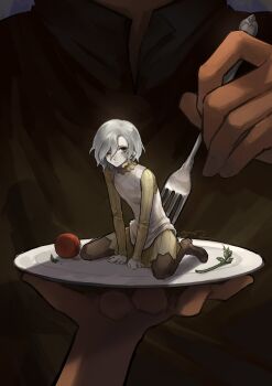 Rule 34 | 2boys, absurdres, bags under eyes, black eyes, boots, cherry tomato, curly hair, dark-skinned male, dark skin, dungeon meshi, elf, fork, gorget, grey hair, highres, holding, holding fork, holding plate, kabru, long sleeves, looking at viewer, male focus, mini person, miniboy, mithrun, multiple boys, notched ear, on plate, oogam2, plate, pointy ears, shirt, short hair, sitting, thigh boots, tomato, tunic, wariza