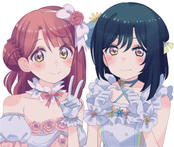 2girls bare_shoulders black_hair blunt_bangs blush bow braid braided_bun bun_with_braided_base closed_mouth collarbone cream_(nipakupa) criss-cross_halter detached_sleeves dress fang fang_out flower four-finger_heart_hands hair_bow hair_bun hair_flower hair_ornament hair_ribbon half_updo halter_dress halterneck heart heart_hands looking_at_viewer love_live! love_live!_nijigasaki_high_school_idol_club love_u_my_friends medium_hair mifune_shioriko multiple_girls official_alternate_costume pink_flower pink_hair puffy_short_sleeves puffy_sleeves ribbon short_sleeves simple_background single_side_bun sleeveless sleeveless_dress smile split_mouth strapless strapless_dress swept_bangs uehara_ayumu upper_body v white_background white_bow white_dress yellow_eyes yellow_ribbon yume_e_no_ippo