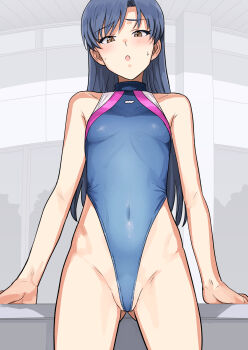 1girl bare_shoulders blue_hair blush breasts brown_eyes covered_navel gluteal_fold groin highleg highres idolmaster idolmaster_(classic) kisaragi_chihaya leotard long_hair looking_at_viewer open_mouth small_breasts solo sweat tsurui