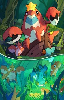 absurdres animal_focus boat claws closed_mouth corphish crawdaunt crustacean fins fish gen_3_pokemon grass highres mudkip nintendo no_humans open_mouth outdoors pokemon pokemon_(creature) pokemon_focus smile star_(symbol) taplaos tatsugiri tatsugiri_(curly) tatsugiri_(droopy) tatsugiri_(stretchy) tree underwater water watercraft wooden_boat