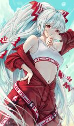 Rule 34 | 1girl, absurdres, adapted costume, armpit crease, bow, bra, cloud, cloudy sky, commentary, cowboy shot, from below, fujiwara no mokou, hair bow, hand on own hip, highres, jumpsuit, long hair, looking at viewer, midriff, moon, multiple hair bows, navel, off shoulder, partially unzipped, red bow, red eyes, red jumpsuit, sky, solo, sports bra, stomach, sweat, torinari (dtvisu), touhou, underwear, very long hair, white bra, white hair