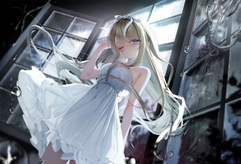 1girl bare_shoulders blonde_hair blue_eyes blush breasts choker dress floating_hair frilled_choker frills highres liver_city long_hair looking_at_viewer one_eye_closed original rain see-through_silhouette small_breasts solo water white_dress window yunmi_0527