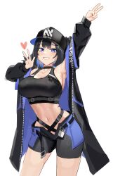 Rule 34 | 1girl, absurdres, arm up, armpits, bare shoulders, belt, black choker, black hair, black jacket, black shirt, black shorts, black sports bra, black survival, blue eyes, breasts, choker, colored inner hair, cowboy shot, crop top, debi (black survival), double v, eternal return: black survival, goback, grin, hand up, heart, highres, jacket, large breasts, long sleeves, looking at viewer, midriff, multicolored hair, navel, off shoulder, open clothes, open fly, open jacket, shirt, short hair, short shorts, shorts, simple background, sleeveless, sleeveless shirt, smile, solo, sports bra, standing, stomach, sweat, thighs, v, white background