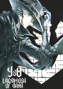 Rule 34 | 1boy, argyle clothes, argyle vest, black hat, black scarf, closed mouth, gunblade, hand on headwear, hat, hummel trabaldo, irise ryouji, looking at viewer, male focus, scarf, short hair, simple background, top hat, two-tone hat, weapon, white hair, ys, ys viii: lacrimosa of dana