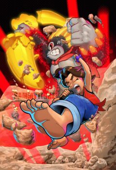 1boy 1girl alternate_form arm_up artist_name banana barefoot black_fur bracelet brown_hair closed_eyes crushing debris denim donkey_kong donkey_kong_(series) donkey_kong_bananza dynamic_pose feet food fruit furry furry_male gorilla green_eyes hair_ornament highres jeans jewelry light_rays microphone music necktie nintendo open_mouth pants pauline_(mario) pauline_(young)_(mario) punching raised_fist rock sammytighe short_hair singing soles tank_top teeth toes