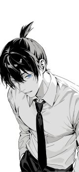 1boy blue_eyes chainsaw_man collared_shirt commentary_request corrupted_twitter_file cowboy_shot double-parted_bangs fartfartfart77 greyscale hair_between_eyes hand_in_pocket hayakawa_aki highres korean_commentary long_sleeves looking_at_viewer male_focus monochrome necktie pants parted_lips ponytail shirt short_hair short_ponytail simple_background solo spot_color standing white_background wing_collar