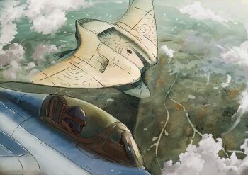 1boy above_clouds aircraft airplane aviator_cap aviator_goggles cloud ephe99261012 flying from_above fur_collar high_up highres landscape nature original outdoors pilot river scenery turning_head vehicle_focus wide_shot