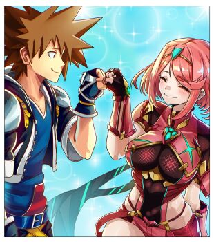 1boy 1girl absurdres belt black_gloves black_jacket blue_background blue_belt blue_shirt bob_cut border breasts brown_hair chest_jewel closed_eyes closed_mouth commentary_request core_crystal_(xenoblade) crossover fingerless_gloves fist_bump gem gloves green_gem highres impossible_clothes jacket kingdom_hearts large_breasts nintendo open_clothes open_jacket pyra_(xenoblade) red_hair red_shorts shirt short_hair short_shorts shorts smile sora_(kingdom_hearts) spanish_commentary super_smash_bros. swept_bangs tiara v-neck vlizz white_border xenoblade_chronicles_(series) xenoblade_chronicles_2