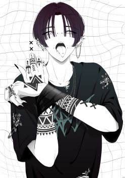 1boy absurdres arm_tattoo chain commentary english_commentary finger_tattoo fingernails grid_background hand_tattoo highres looking_at_viewer male_focus nail_polish niwa281610 original piercing shirt solo spike_piercing spot_color tattoo tongue_piercing