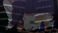 1boy 2girls aijou_rentarou animated anime_screenshot bisexual_female black_skirt blank_eyes blazer blonde_hair blue_jacket blush breasts brown_jacket flower green_eyes hair_flower hair_ornament hanazono_hakari head_between_thighs highres inda_karane jacket kimi_no_koto_ga_dai_dai_dai_dai_daisuki_na_100-nin_no_kanojo large_breasts lips multiple_girls pink_hair red_ribbon ribbon saliva school_uniform shirt short_hair sidelocks skirt socks sound tagme thick_thighs thighs twintails video white_flower white_shirt yuri