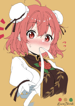 1girl absurdres bandaged_arm bandages blush brown_tabard bun_cover character_name commentary_request double_bun false_arm flower hair_bun highres ibaraki_kasen ibushi_roun looking_at_viewer mouth_hold pink_eyes pink_hair puffy_short_sleeves puffy_sleeves red_flower red_rose rose shirt short_sleeves simple_background solo sweatdrop tabard touhou upper_body white_shirt yellow_background