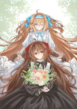 2girls ahoge black_bow black_bowtie black_dress blue_eyes blue_hairband blue_ribbon bouquet bow bowtie broken_heart broken_heart_hair_ornament dress eananaia evil_neuro-sama flower hair_between_eyes hair_ornament hair_ribbon hairband hashtag-only_commentary heart heart_hair_ornament highres holding holding_bouquet long_dress long_hair long_sleeves multiple_girls necktie neuro-sama one_eye_closed puffy_long_sleeves puffy_sleeves red_eyes red_ribbon ribbon siblings sisters twins two_side_up upper_body vedal_ai virtual_youtuber white_dress