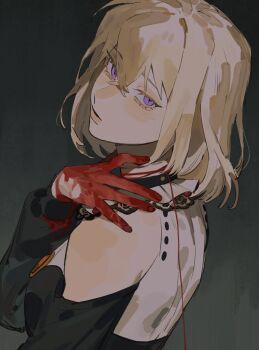 1girl akmizuk bang_dream! bang_dream!_it's_mygo!!!!! black_dress blonde_hair blood blood_on_hands blush commentary crossed_bangs doloris_(bang_dream!) dress english_commentary hair_between_eyes highres long_hair looking_at_viewer misumi_uika purple_eyes solo sophie_(bang_dream!) strangulation_mark string string_of_fate upper_body