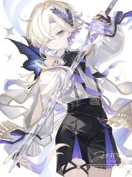 1boy arm_at_side arm_cutout arm_up bishounen black_bow black_bowtie black_shorts blonde_hair blue_butterfly bow bowtie bug butterfly center_frills closed_mouth clothing_cutout colored_inner_hair commentary_request crossed_bangs crystal_sword curtained_hair floating_clothes frilled_sleeves frills gold_trim hair_ornament hair_over_one_eye high-waist_shorts highres holding holding_sword holding_weapon insect laurels light_smile long_sleeves looking_at_viewer male_focus multicolored_hair namiki_itsuki one_eye_covered original puffy_sleeves purple_eyes shirt short_hair short_shorts shorts shoulder_cutout signature solo sparkle_background standing suspender_shorts suspenders sword thigh_strap turning_head twitter_username two-tone_shorts weapon white_background white_shirt wing_collar