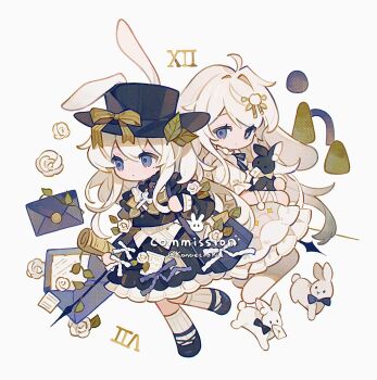 2girls animal animal_ears bag blue_dress blue_eyes blue_shoes closed_mouth commission dress floppy_ears frilled_dress frills full_body highres holding holding_animal kanae_(cookie) letter long_hair long_sleeves mismatched_pupils multiple_girls original rabbit rabbit_ears rabbit_girl shoes short_sleeves simple_background socks symbol-shaped_pupils twitter_username white_background white_dress white_hair white_socks x-shaped_pupils