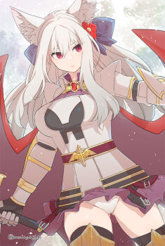 1girl animal_ear_fluff animal_ears armor black_thighhighs blue_bow bow breastplate breasts brown_skirt cape closed_mouth commentary_request cowboy_shot dragon_knight_(ragnarok_online) dutch_angle expressionless flower fox_ears gauntlets gem hair_between_eyes hair_bow hair_flower hair_ornament holding holding_sword holding_weapon large_breasts long_bangs long_hair looking_at_viewer miniskirt moni panties pauldrons pleated_skirt ragnarok_online red_cape red_eyes red_flower red_gem shoulder_armor sidelocks skirt slit snowing solo sword thighhighs underwear weapon white_hair white_panties