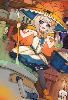 1girl absurdres aquarium armpits blue_eyes blush book bookshelf boots bow bowtie candle capelet cauldron chronia commentary crab english_commentary flask floating floating_book floating_object from_below grey_hair hair_ribbon hat highres holding holding_flask indoors marimari_(vtuber) orange_boots oversized_hat phase_connect plant potted_plant ribbon round-bottom_flask short_hair sleeveless solo standing virtual_youtuber witch witch_hat wristband
