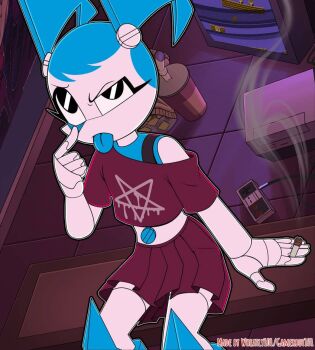 1girl akanbe annoyed aqua_hair aqua_tongue blue_hair blue_tongue bolt_(hardware) bordeaux_skirt cigarette colored_skin colored_tongue controller crop_top cup disposable_cup drinking_straw eyelid_pull from_above game_console game_controller goth_fashion half-closed_eye holding holding_cigarette jenny_wakeman joints looking_at_viewer mario_(series) midriff my_life_as_a_teenage_robot navel nes nes_gamepad nintendo pentagram robot_joints sitting smoke smoking solo static super_mario_bros._1 television tongue tongue_out twintails v-shaped_eyebrows wheatly101 white_skin