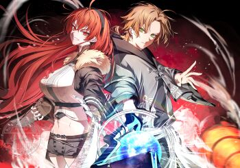 Rule 34 | 1boy, 1girl, absurdres, ahoge, back-to-back, black hairband, black shorts, blonde hair, breasts, closed mouth, commentary request, crossed bangs, eris greyrat, fingerless gloves, fur-trimmed jacket, fur trim, gloves, green eyes, grey robe, grin, hair between eyes, hairband, hetero, highres, holding, holding staff, holding sword, holding weapon, husband and wife, jacket, large breasts, long hair, looking at viewer, mandarin collar, marbo (saico556), mushoku tensei, navel, red eyes, red hair, robe, rudeus greyrat, shorts, smile, staff, stomach, sword, thick eyebrows, very long hair, weapon