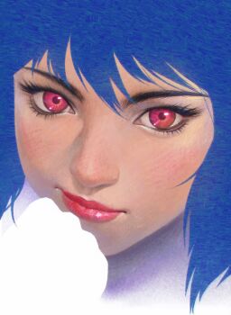 1girl aizheajsee blue_hair ghost_in_the_shell head_only highres kusanagi_motoko looking_at_viewer medium_hair portrait realistic red_eyes solo straight-on
